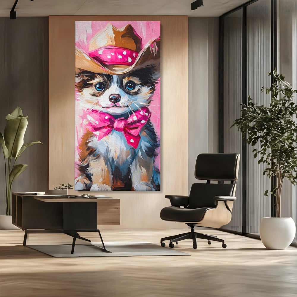 Tablou canvas cu tablou canvas cu catelus cowboy, fara rama, pe sasiu de lemn, pe perete intr-un birou